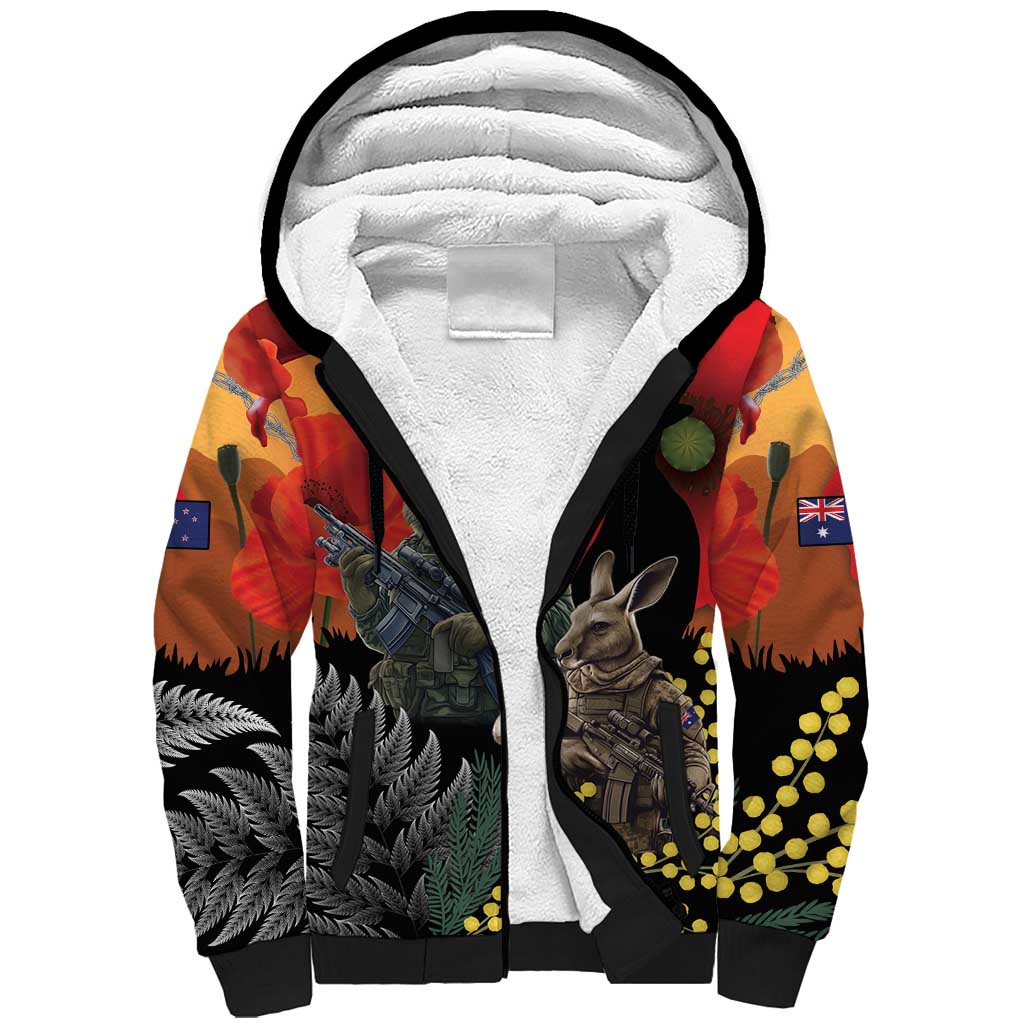 New Zealand and Australia ANZAC Day Sherpa Hoodie Sliver Fern Kakapo With Golden Wattle Kangaroo LT14 Unisex Gold - Polynesian Pride