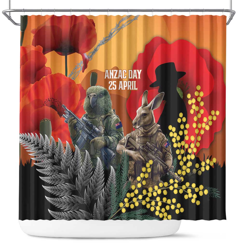 New Zealand and Australia ANZAC Day Shower Curtain Sliver Fern Kakapo With Golden Wattle Kangaroo LT14 Gold - Polynesian Pride