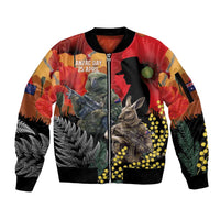 New Zealand and Australia ANZAC Day Sleeve Zip Bomber Jacket Sliver Fern Kakapo With Golden Wattle Kangaroo LT14 Unisex Gold - Polynesian Pride