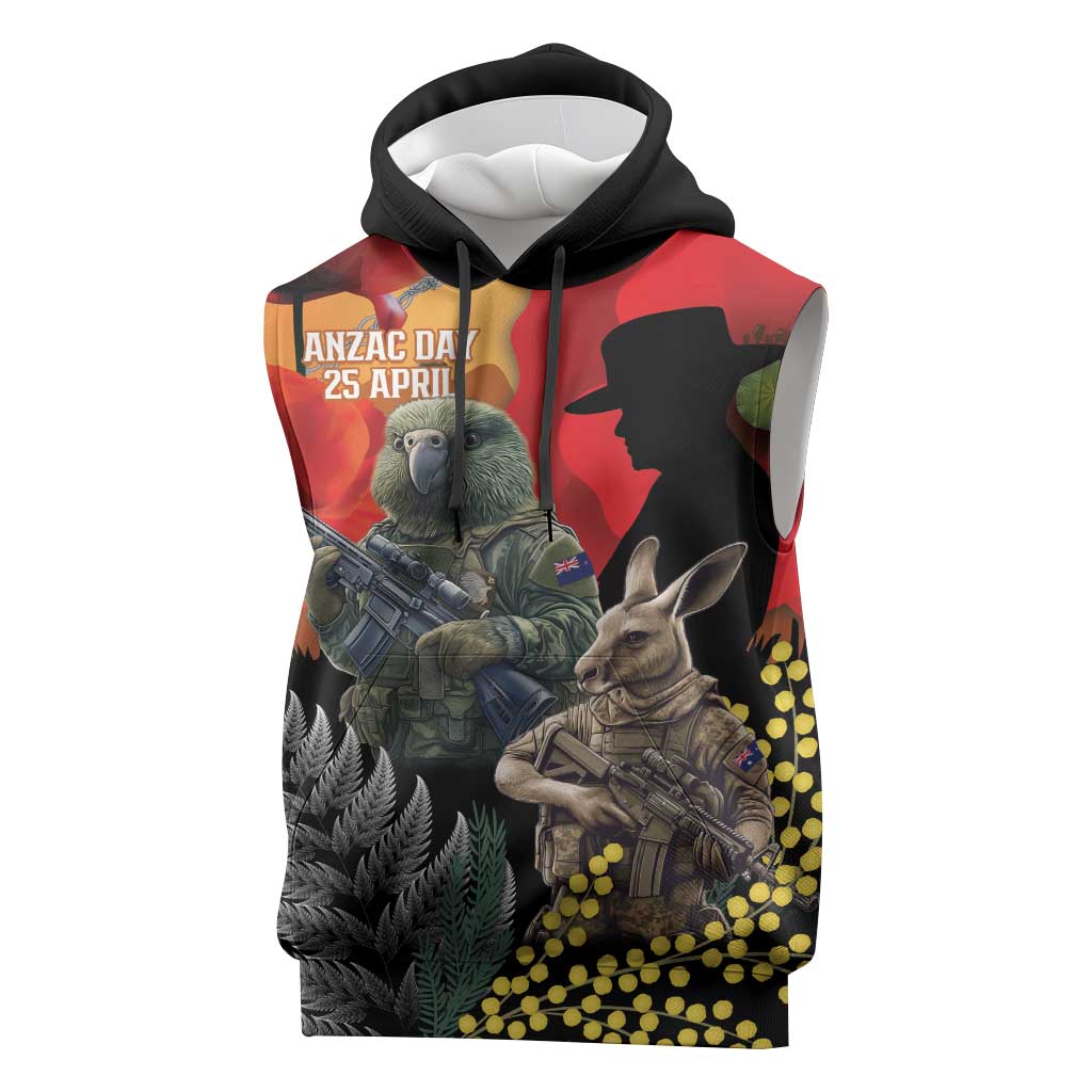 New Zealand and Australia ANZAC Day Sleeveless Hoodie Sliver Fern Kakapo With Golden Wattle Kangaroo LT14 Gold - Polynesian Pride