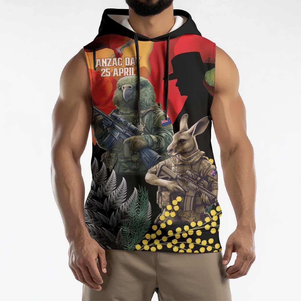 New Zealand and Australia ANZAC Day Sleeveless Hoodie Sliver Fern Kakapo With Golden Wattle Kangaroo LT14 - Polynesian Pride
