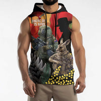 New Zealand and Australia ANZAC Day Sleeveless Hoodie Sliver Fern Kakapo With Golden Wattle Kangaroo LT14 - Polynesian Pride