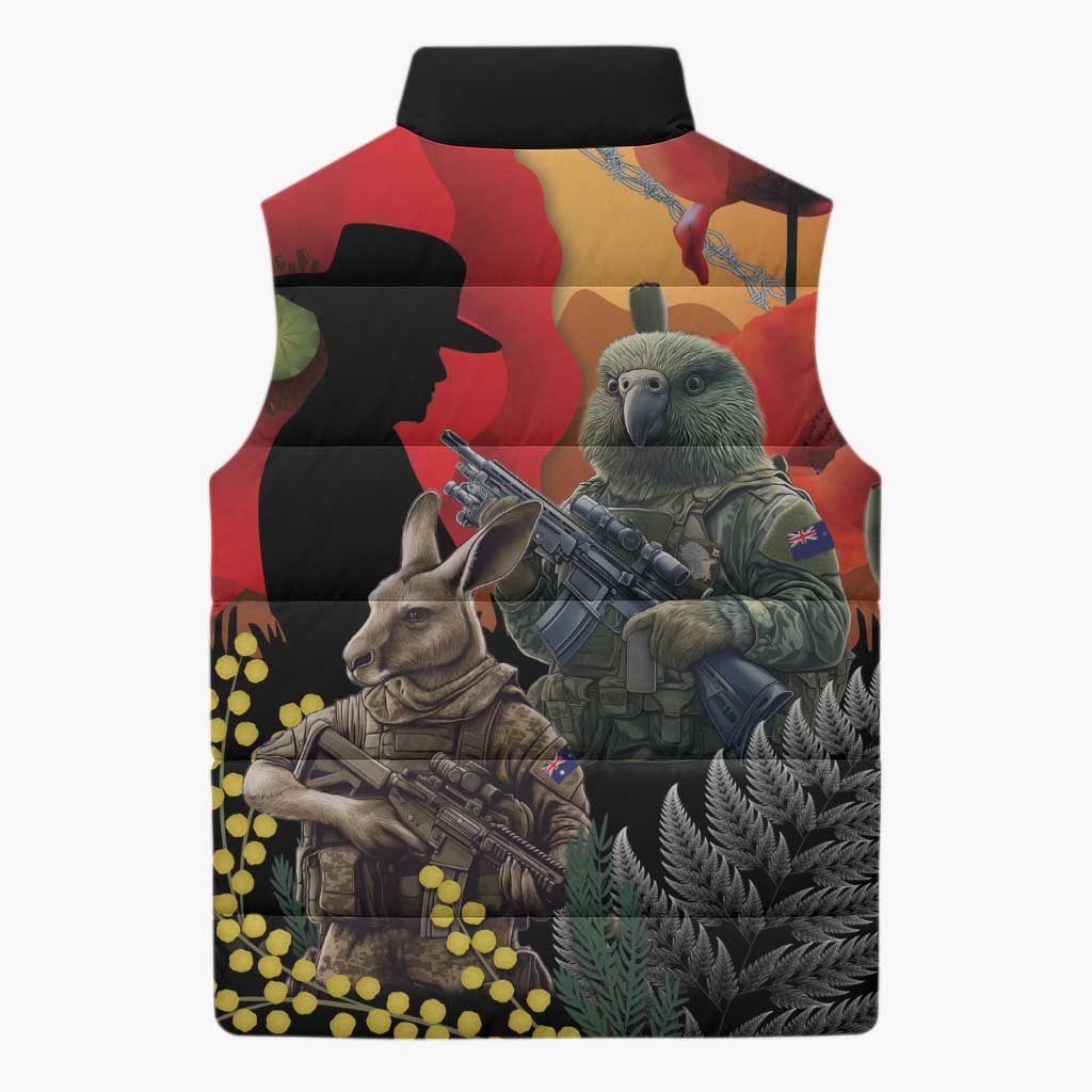 New Zealand and Australia ANZAC Day Sleeveless Puffer Jacket Sliver Fern Kakapo With Golden Wattle Kangaroo LT14 - Polynesian Pride