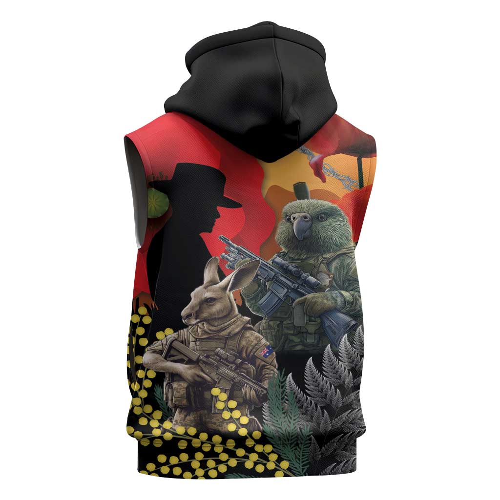 New Zealand and Australia ANZAC Day Sleeveless Zip Hoodie Sliver Fern Kakapo With Golden Wattle Kangaroo LT14 - Polynesian Pride