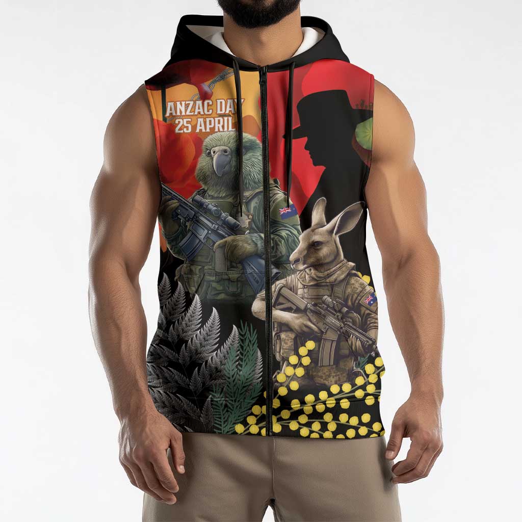 New Zealand and Australia ANZAC Day Sleeveless Zip Hoodie Sliver Fern Kakapo With Golden Wattle Kangaroo LT14 - Polynesian Pride