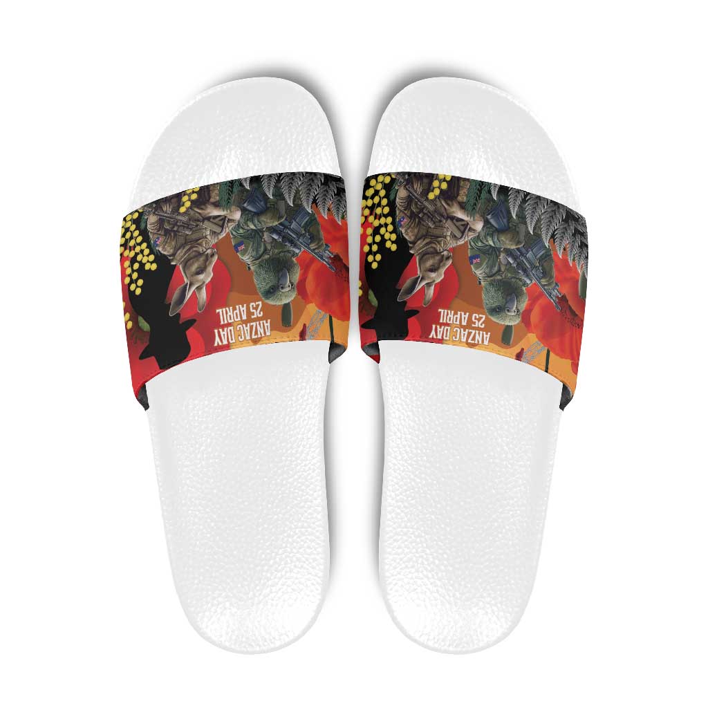 New Zealand and Australia ANZAC Day Slide Sandals Sliver Fern Kakapo With Golden Wattle Kangaroo LT14 Gold - Polynesian Pride