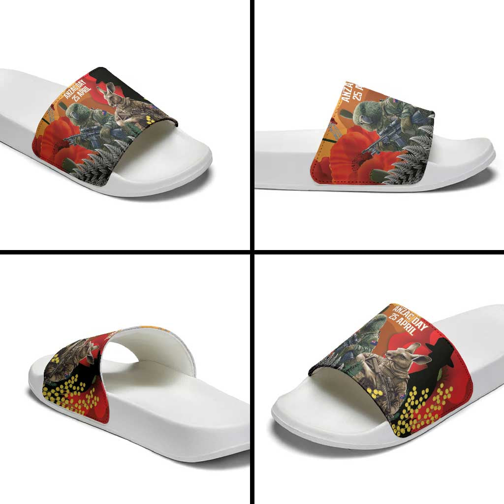 New Zealand and Australia ANZAC Day Slide Sandals Sliver Fern Kakapo With Golden Wattle Kangaroo LT14 - Polynesian Pride