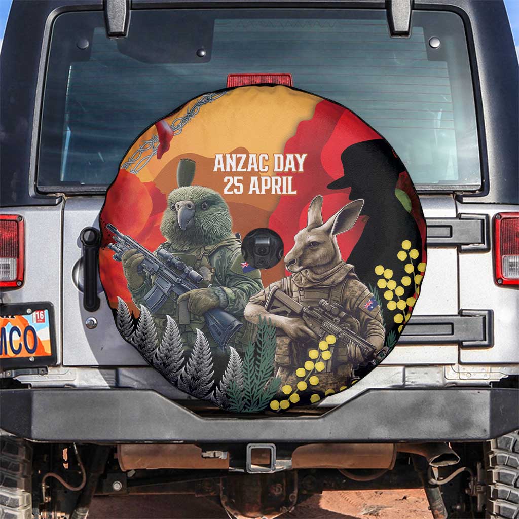 New Zealand and Australia ANZAC Day Spare Tire Cover Sliver Fern Kakapo With Golden Wattle Kangaroo LT14 Gold - Polynesian Pride