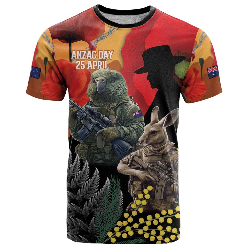 New Zealand and Australia ANZAC Day T Shirt Sliver Fern Kakapo With Golden Wattle Kangaroo LT14 Gold - Polynesian Pride