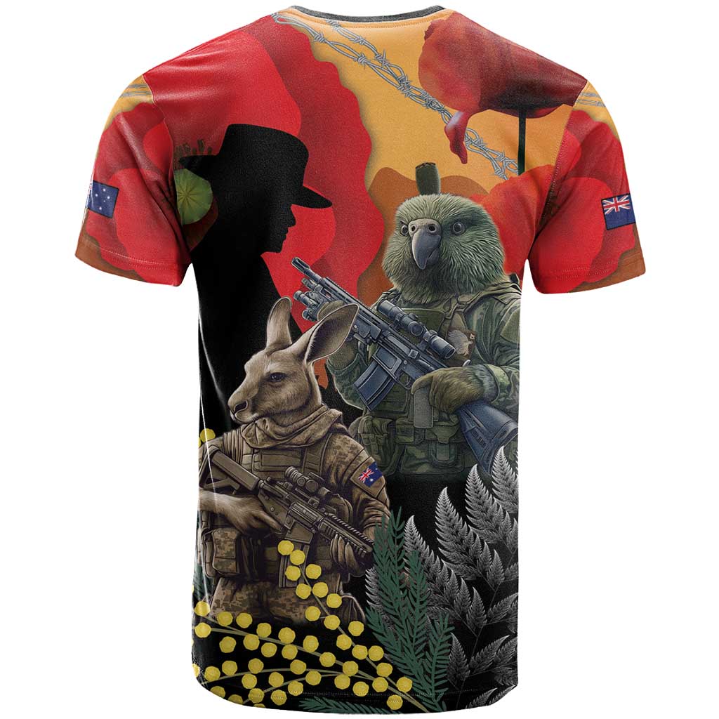 New Zealand and Australia ANZAC Day T Shirt Sliver Fern Kakapo With Golden Wattle Kangaroo LT14 - Polynesian Pride