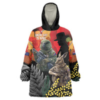 New Zealand and Australia ANZAC Day Wearable Blanket Hoodie Sliver Fern Kakapo With Golden Wattle Kangaroo LT14 One Size Gold - Polynesian Pride