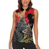 New Zealand and Australia ANZAC Day Women Sleeveless Polo Shirt Sliver Fern Kakapo With Golden Wattle Kangaroo LT14 - Polynesian Pride