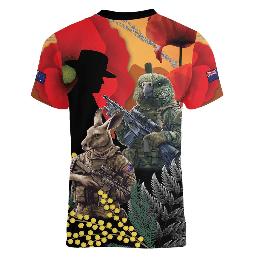 New Zealand and Australia ANZAC Day Women V-Neck T-Shirt Sliver Fern Kakapo With Golden Wattle Kangaroo LT14 - Polynesian Pride