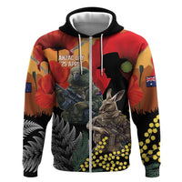 New Zealand and Australia ANZAC Day Zip Hoodie Sliver Fern Kakapo With Golden Wattle Kangaroo LT14 Zip Hoodie Gold - Polynesian Pride