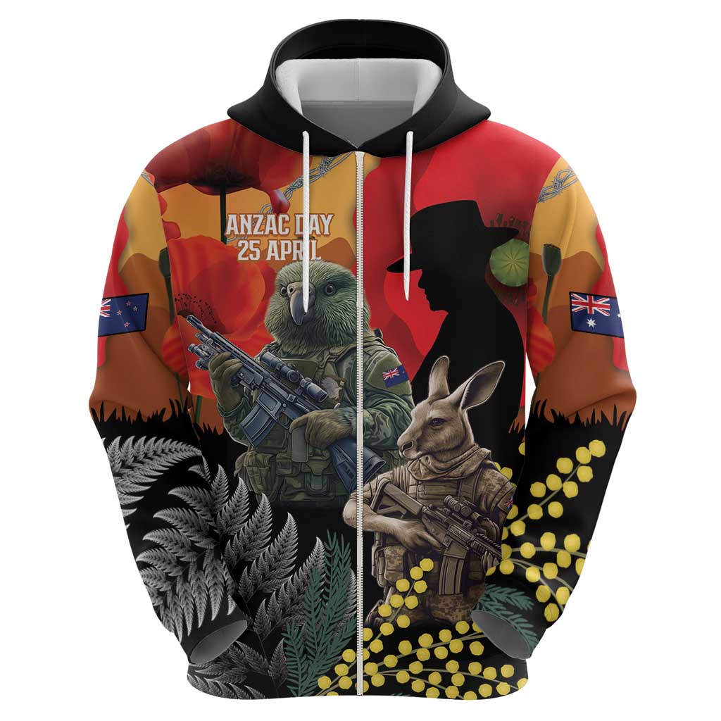New Zealand and Australia ANZAC Day Zip Hoodie Sliver Fern Kakapo With Golden Wattle Kangaroo LT14 - Polynesian Pride