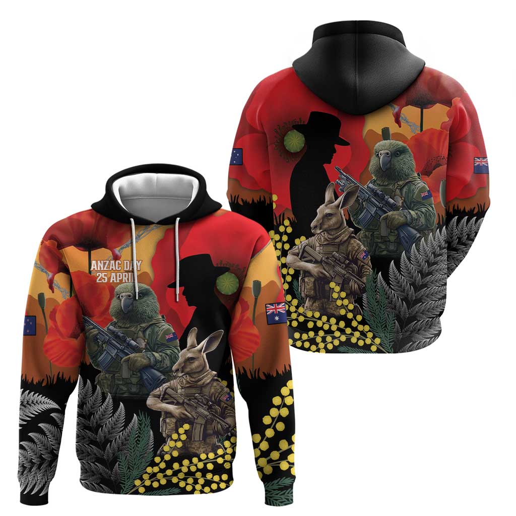 New Zealand and Australia ANZAC Day Zip Hoodie Sliver Fern Kakapo With Golden Wattle Kangaroo LT14 - Polynesian Pride