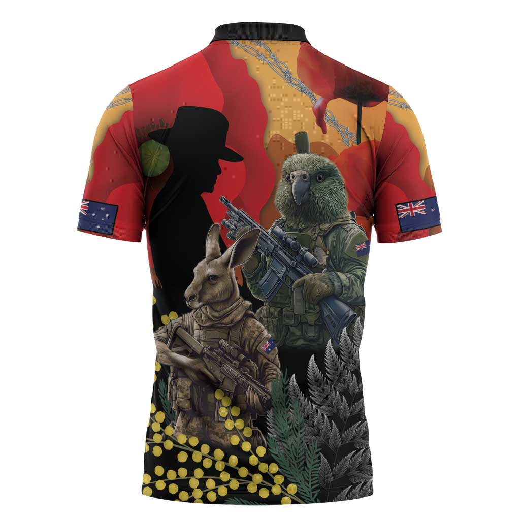 New Zealand and Australia ANZAC Day Zipper Polo Shirt Sliver Fern Kakapo With Golden Wattle Kangaroo LT14 - Polynesian Pride