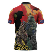 New Zealand and Australia ANZAC Day Zipper Polo Shirt Sliver Fern Kakapo With Golden Wattle Kangaroo LT14 - Polynesian Pride