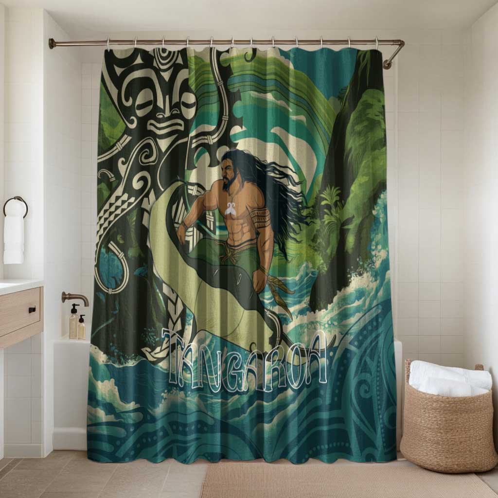Aotearoa Tangaroa Atua Bathroom Set New Zealand God Of The Ocean LT14 Shower Curtain Only Cyan - Polynesian Pride