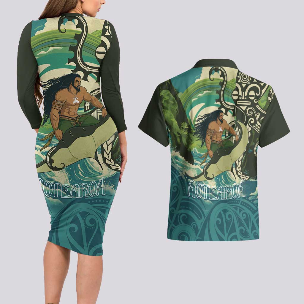Aotearoa Tangaroa Atua Couples Matching Long Sleeve Bodycon Dress and Hawaiian Shirt New Zealand God Of The Ocean LT14 - Polynesian Pride