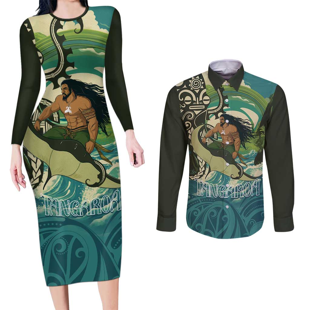 Aotearoa Tangaroa Atua Couples Matching Long Sleeve Bodycon Dress and Long Sleeve Button Shirt New Zealand God Of The Ocean LT14 Cyan - Polynesian Pride