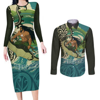 Aotearoa Tangaroa Atua Couples Matching Long Sleeve Bodycon Dress and Long Sleeve Button Shirt New Zealand God Of The Ocean LT14 Cyan - Polynesian Pride