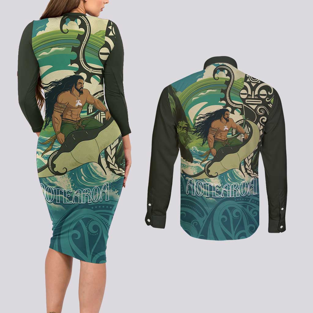 Aotearoa Tangaroa Atua Couples Matching Long Sleeve Bodycon Dress and Long Sleeve Button Shirt New Zealand God Of The Ocean LT14 - Polynesian Pride