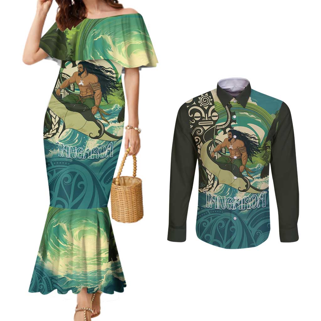 Aotearoa Tangaroa Atua Couples Matching Mermaid Dress and Long Sleeve Button Shirt New Zealand God Of The Ocean LT14 Cyan - Polynesian Pride