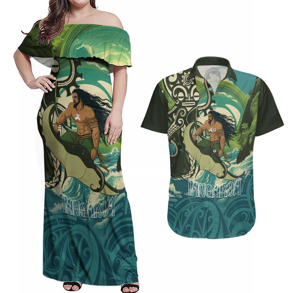 Aotearoa Tangaroa Atua Couples Matching Off Shoulder Maxi Dress and Hawaiian Shirt New Zealand God Of The Ocean LT14 Cyan - Polynesian Pride