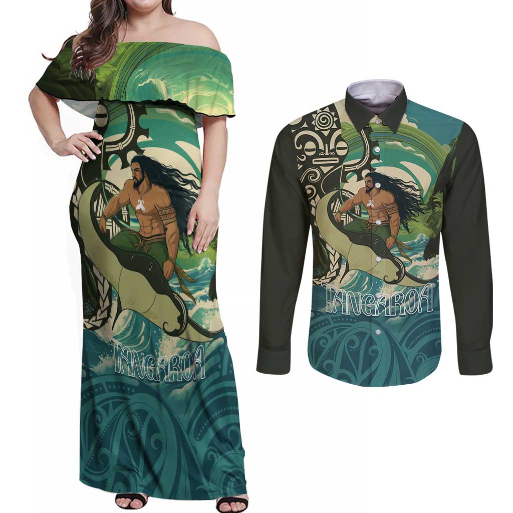 Aotearoa Tangaroa Atua Couples Matching Off Shoulder Maxi Dress and Long Sleeve Button Shirt New Zealand God Of The Ocean LT14 Cyan - Polynesian Pride