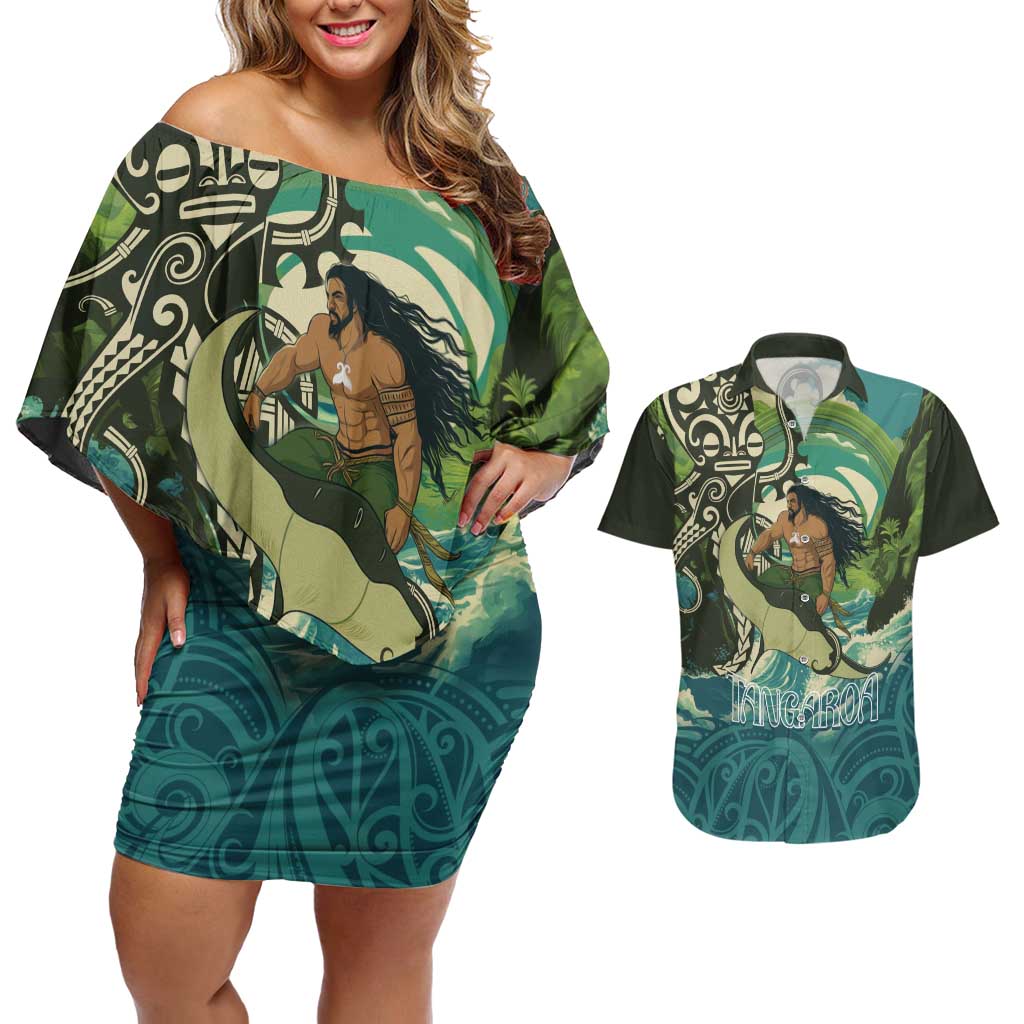 Aotearoa Tangaroa Atua Couples Matching Off Shoulder Short Dress and Hawaiian Shirt New Zealand God Of The Ocean LT14 Cyan - Polynesian Pride
