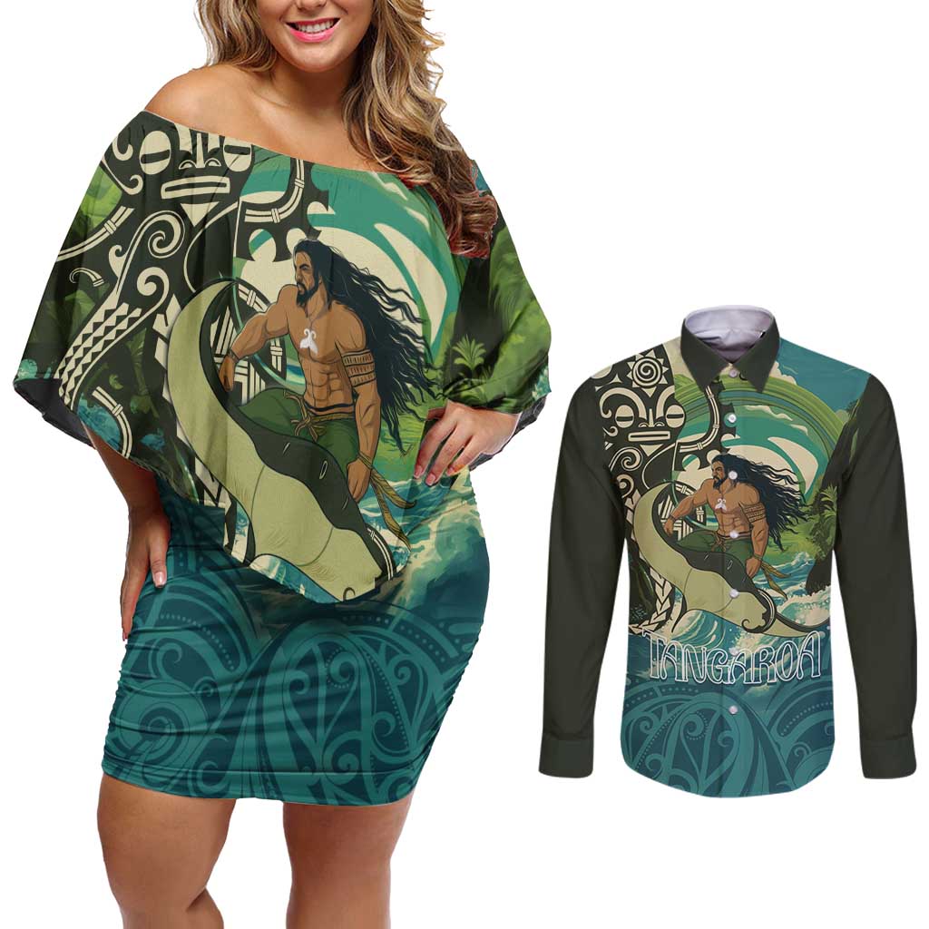 Aotearoa Tangaroa Atua Couples Matching Off Shoulder Short Dress and Long Sleeve Button Shirt New Zealand God Of The Ocean LT14 Cyan - Polynesian Pride
