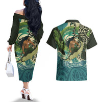 Aotearoa Tangaroa Atua Couples Matching Off The Shoulder Long Sleeve Dress and Hawaiian Shirt New Zealand God Of The Ocean LT14 - Polynesian Pride