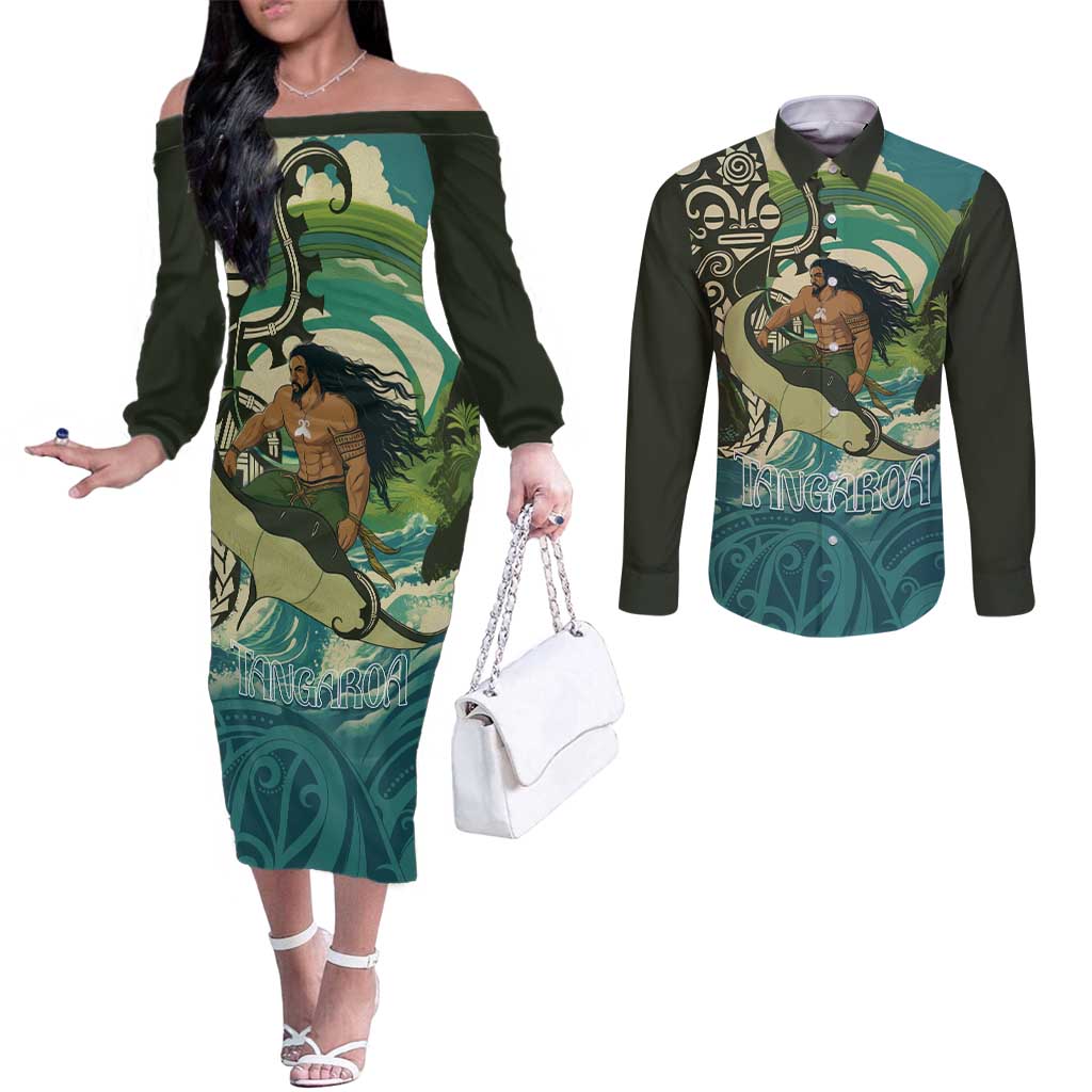 Aotearoa Tangaroa Atua Couples Matching Off The Shoulder Long Sleeve Dress and Long Sleeve Button Shirt New Zealand God Of The Ocean LT14 Cyan - Polynesian Pride