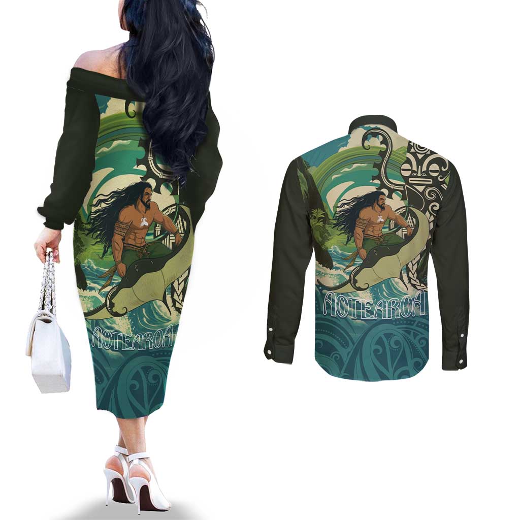 Aotearoa Tangaroa Atua Couples Matching Off The Shoulder Long Sleeve Dress and Long Sleeve Button Shirt New Zealand God Of The Ocean LT14 - Polynesian Pride
