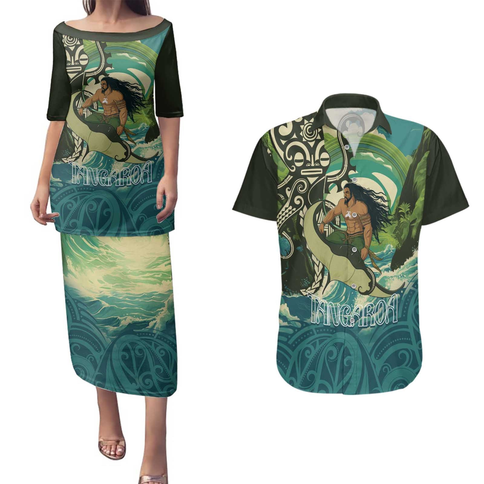 Aotearoa Tangaroa Atua Couples Matching Puletasi and Hawaiian Shirt New Zealand God Of The Ocean LT14 Cyan - Polynesian Pride