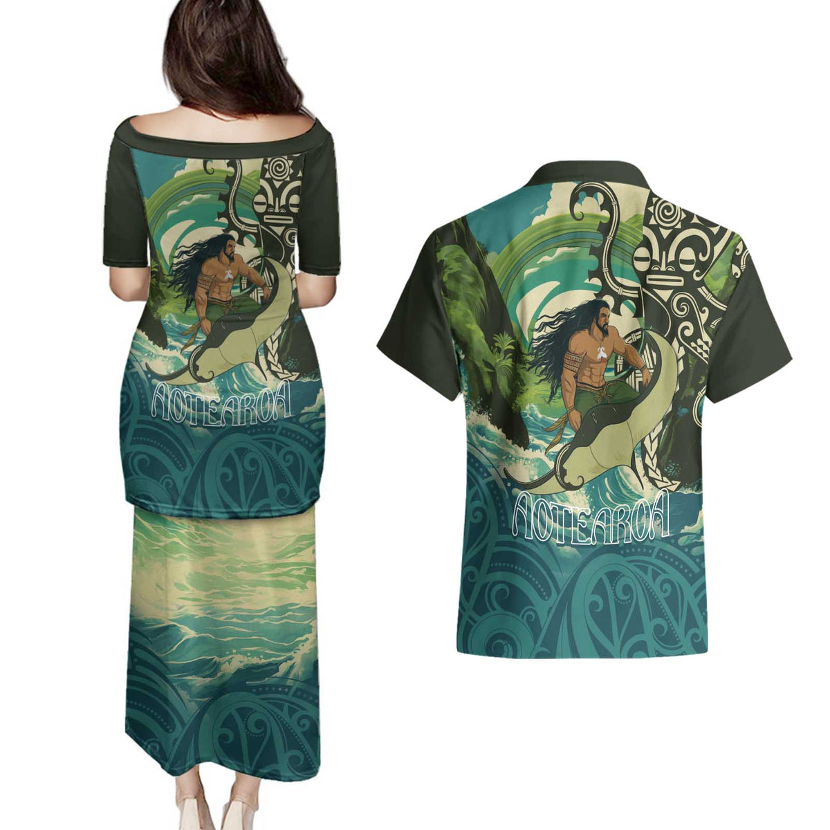 Aotearoa Tangaroa Atua Couples Matching Puletasi and Hawaiian Shirt New Zealand God Of The Ocean LT14 - Polynesian Pride