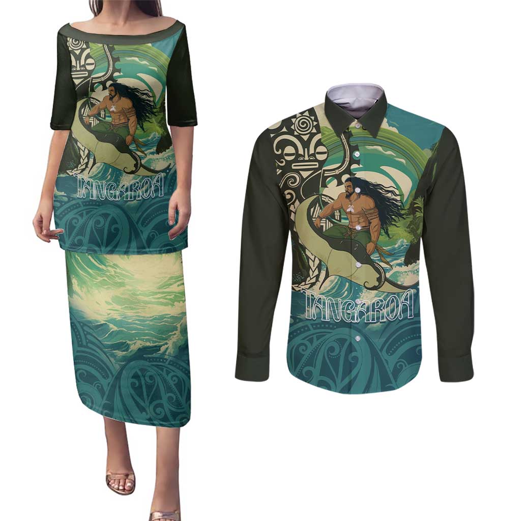Aotearoa Tangaroa Atua Couples Matching Puletasi and Long Sleeve Button Shirt New Zealand God Of The Ocean LT14 Cyan - Polynesian Pride