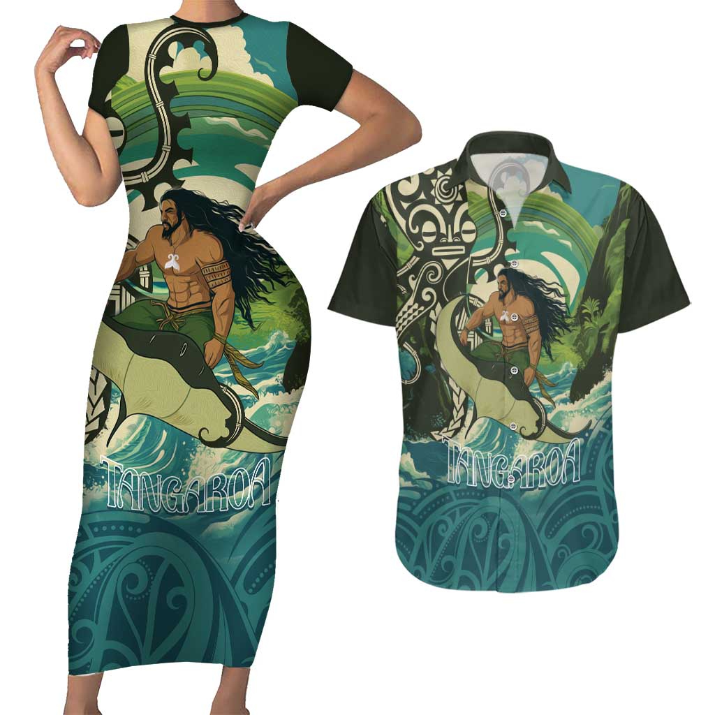 Aotearoa Tangaroa Atua Couples Matching Short Sleeve Bodycon Dress and Hawaiian Shirt New Zealand God Of The Ocean LT14 Cyan - Polynesian Pride