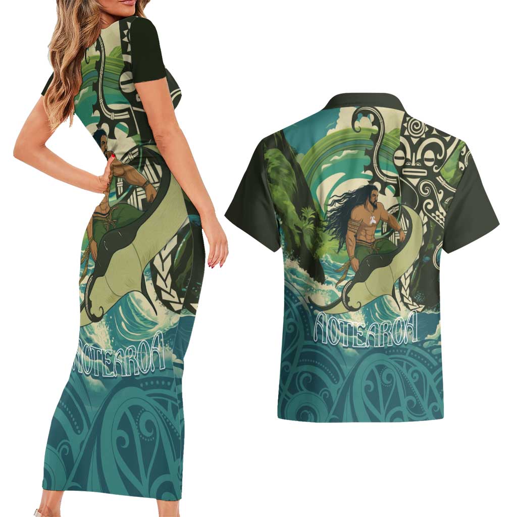 Aotearoa Tangaroa Atua Couples Matching Short Sleeve Bodycon Dress and Hawaiian Shirt New Zealand God Of The Ocean LT14 - Polynesian Pride