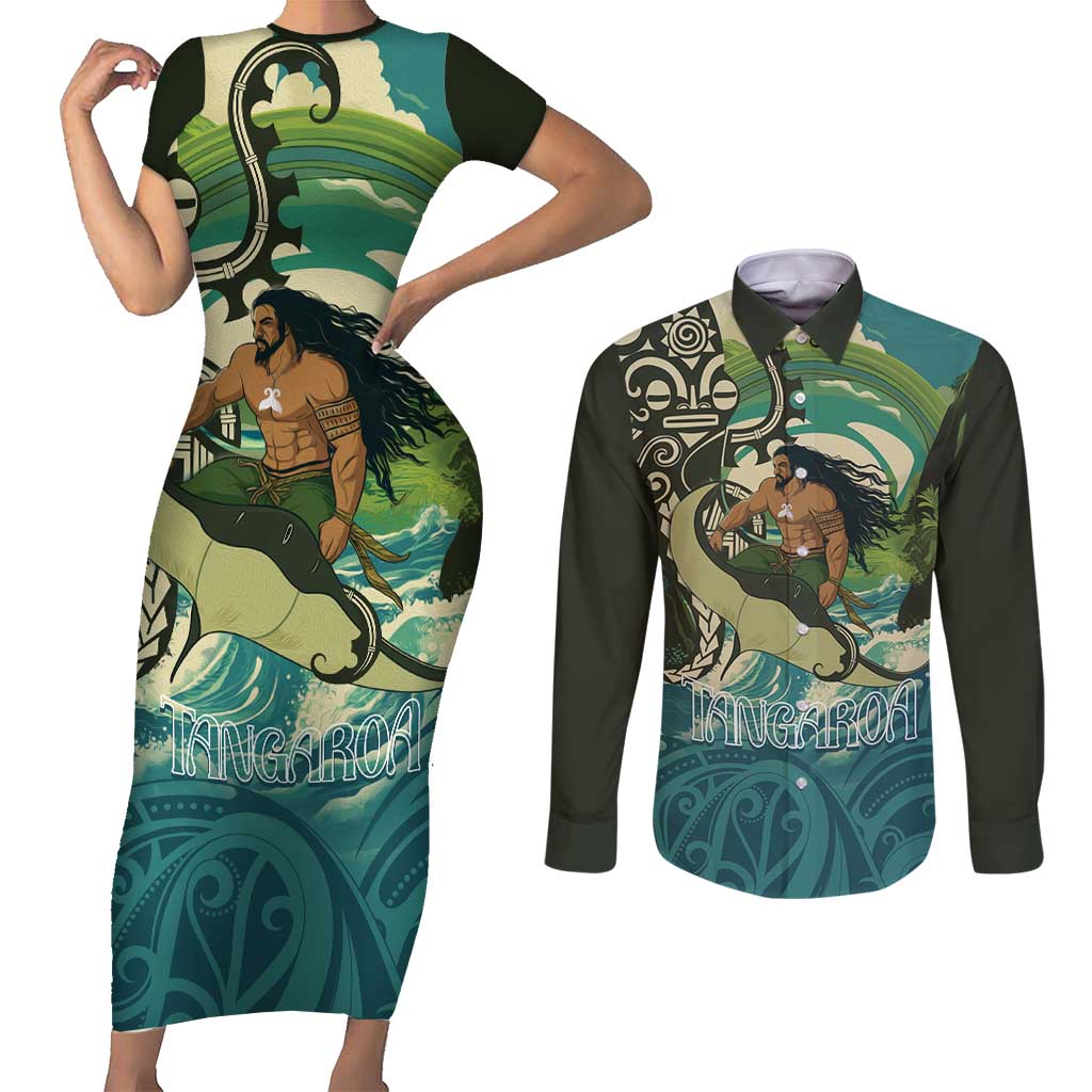 Aotearoa Tangaroa Atua Couples Matching Short Sleeve Bodycon Dress and Long Sleeve Button Shirt New Zealand God Of The Ocean LT14 Cyan - Polynesian Pride