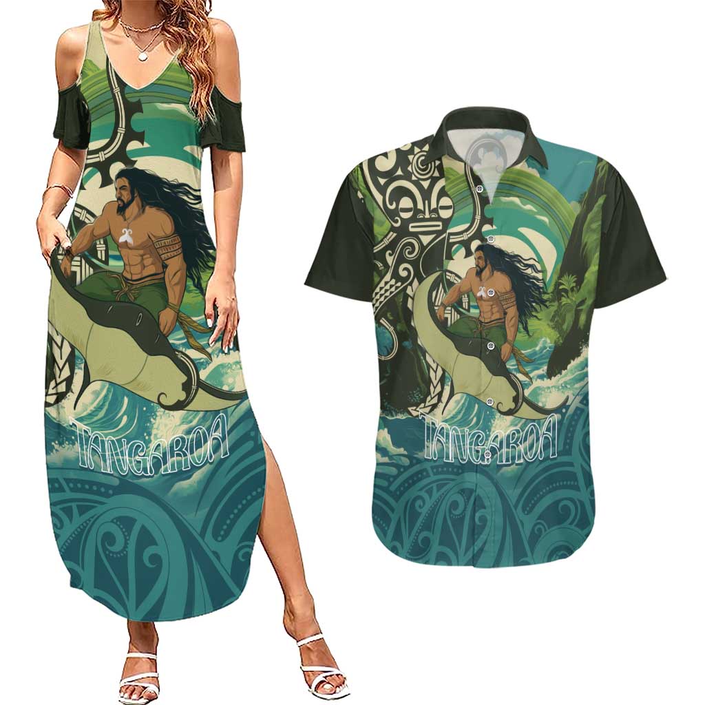 Aotearoa Tangaroa Atua Couples Matching Summer Maxi Dress and Hawaiian Shirt New Zealand God Of The Ocean LT14 Cyan - Polynesian Pride