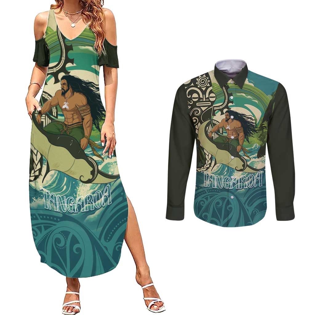 Aotearoa Tangaroa Atua Couples Matching Summer Maxi Dress and Long Sleeve Button Shirt New Zealand God Of The Ocean LT14 Cyan - Polynesian Pride
