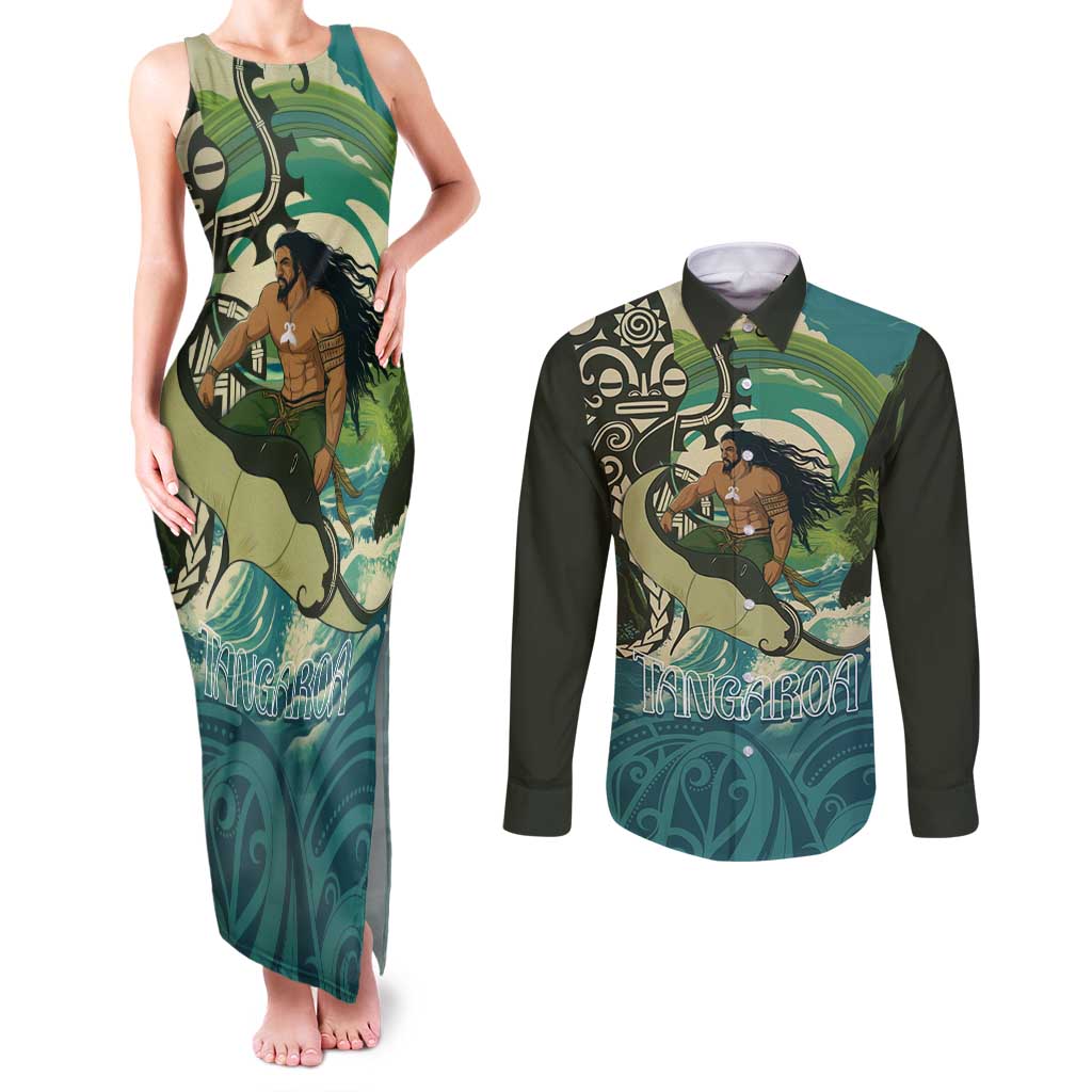 Aotearoa Tangaroa Atua Couples Matching Tank Maxi Dress and Long Sleeve Button Shirt New Zealand God Of The Ocean LT14 Cyan - Polynesian Pride