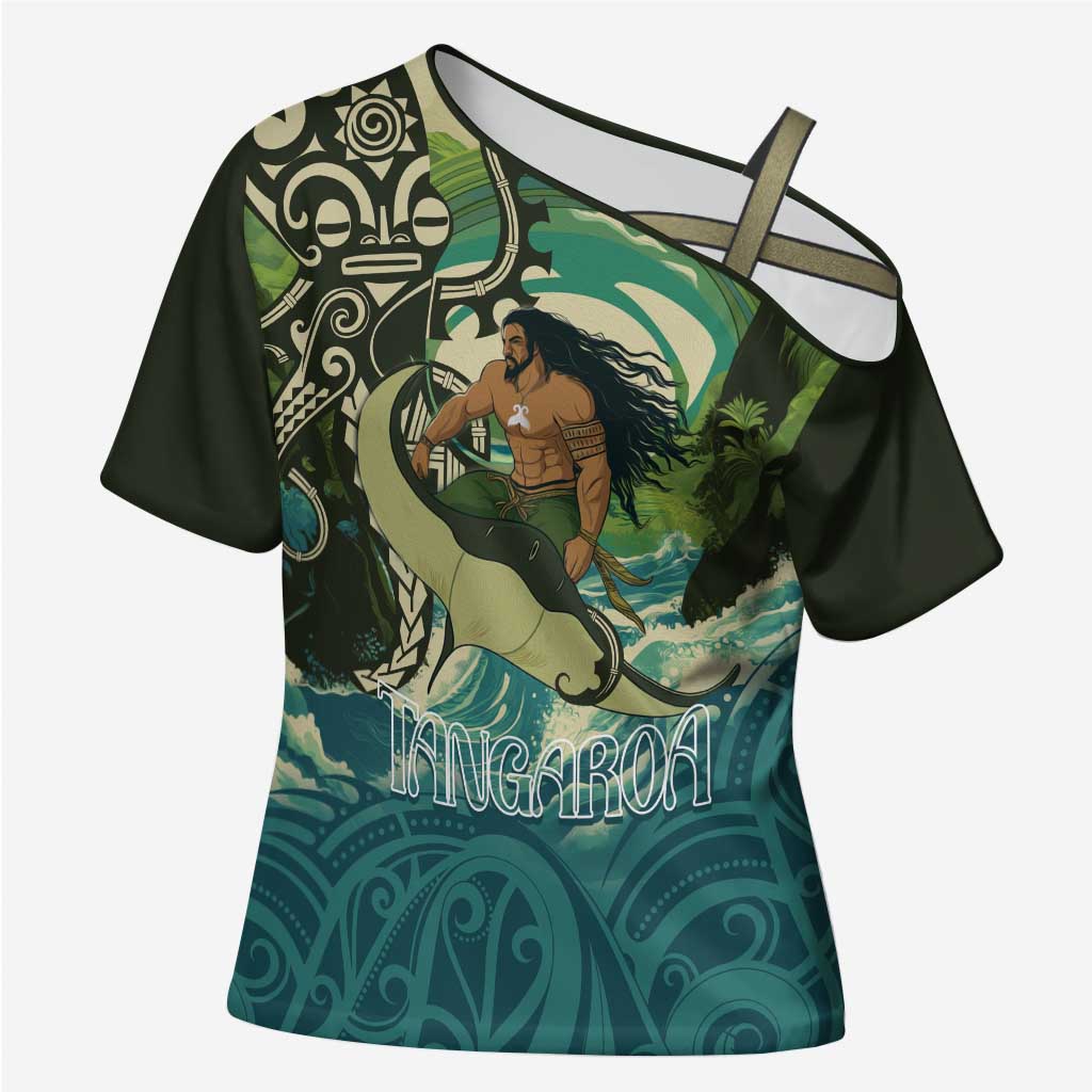 Aotearoa Tangaroa Atua Cross Shoulder Shirt New Zealand God Of The Ocean LT14 Female Cyan - Polynesian Pride