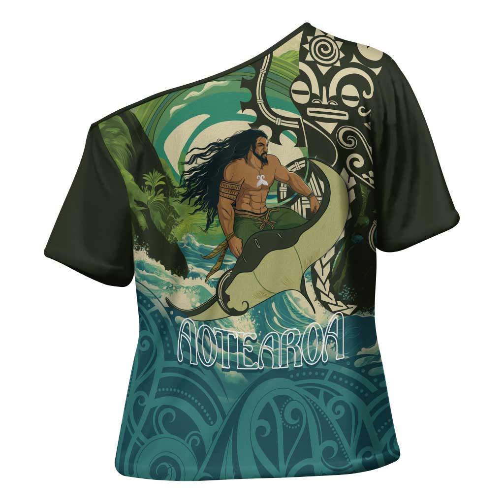 Aotearoa Tangaroa Atua Cross Shoulder Shirt New Zealand God Of The Ocean LT14 - Polynesian Pride