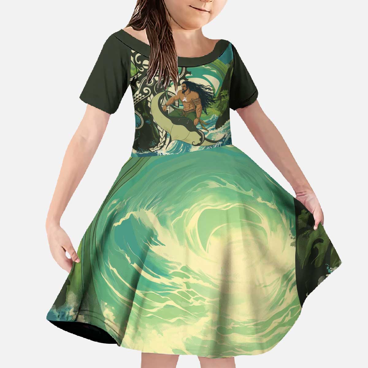 Aotearoa Tangaroa Atua Family Matching Off The Shoulder Long Sleeve Dress and Hawaiian Shirt New Zealand God Of The Ocean LT14 Daughter's Dress Cyan - Polynesian Pride