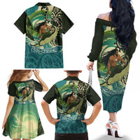 Aotearoa Tangaroa Atua Family Matching Off The Shoulder Long Sleeve Dress and Hawaiian Shirt New Zealand God Of The Ocean LT14 - Polynesian Pride
