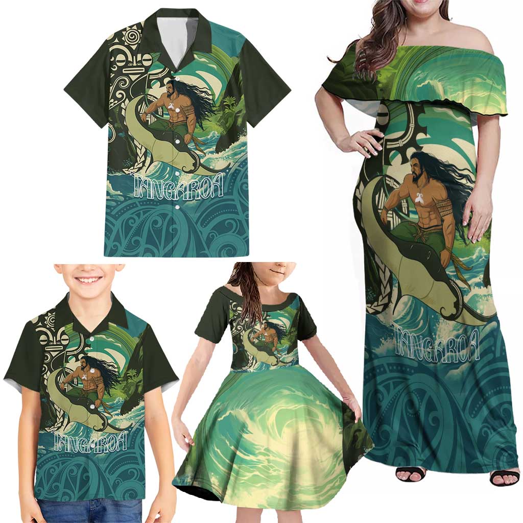 Aotearoa Tangaroa Atua Family Matching Off Shoulder Maxi Dress and Hawaiian Shirt New Zealand God Of The Ocean LT14 - Polynesian Pride