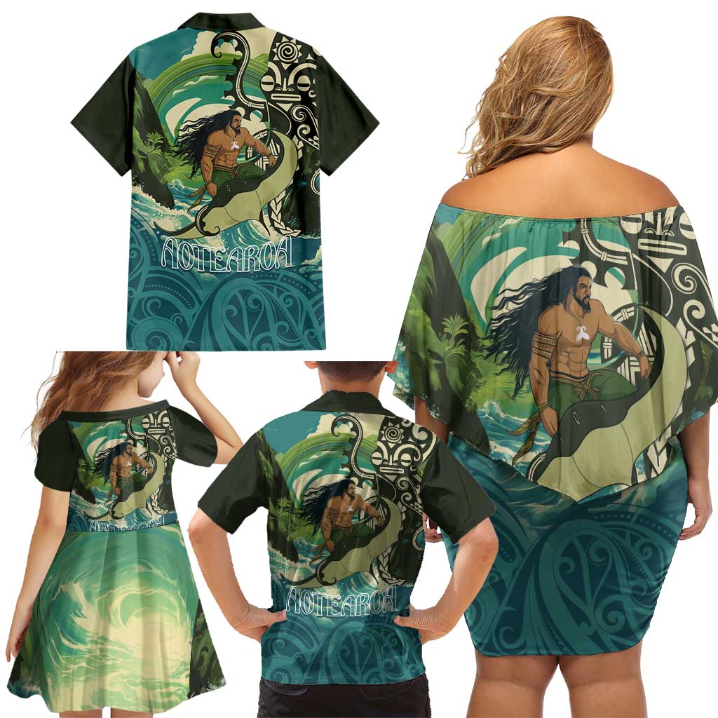 Aotearoa Tangaroa Atua Family Matching Off Shoulder Short Dress and Hawaiian Shirt New Zealand God Of The Ocean LT14 - Polynesian Pride